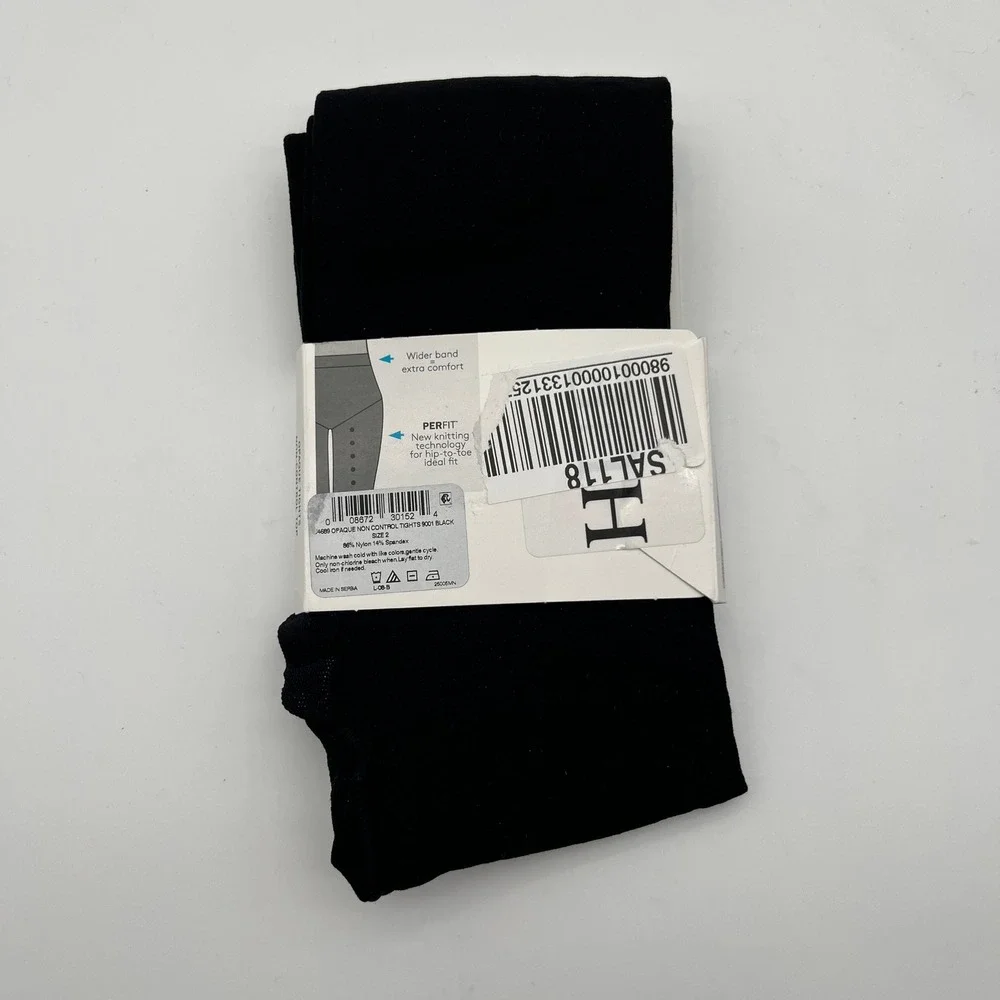 HUE Opaque Tights Women Size 2 Black Non-Control Top Perfit Wider Band 9001